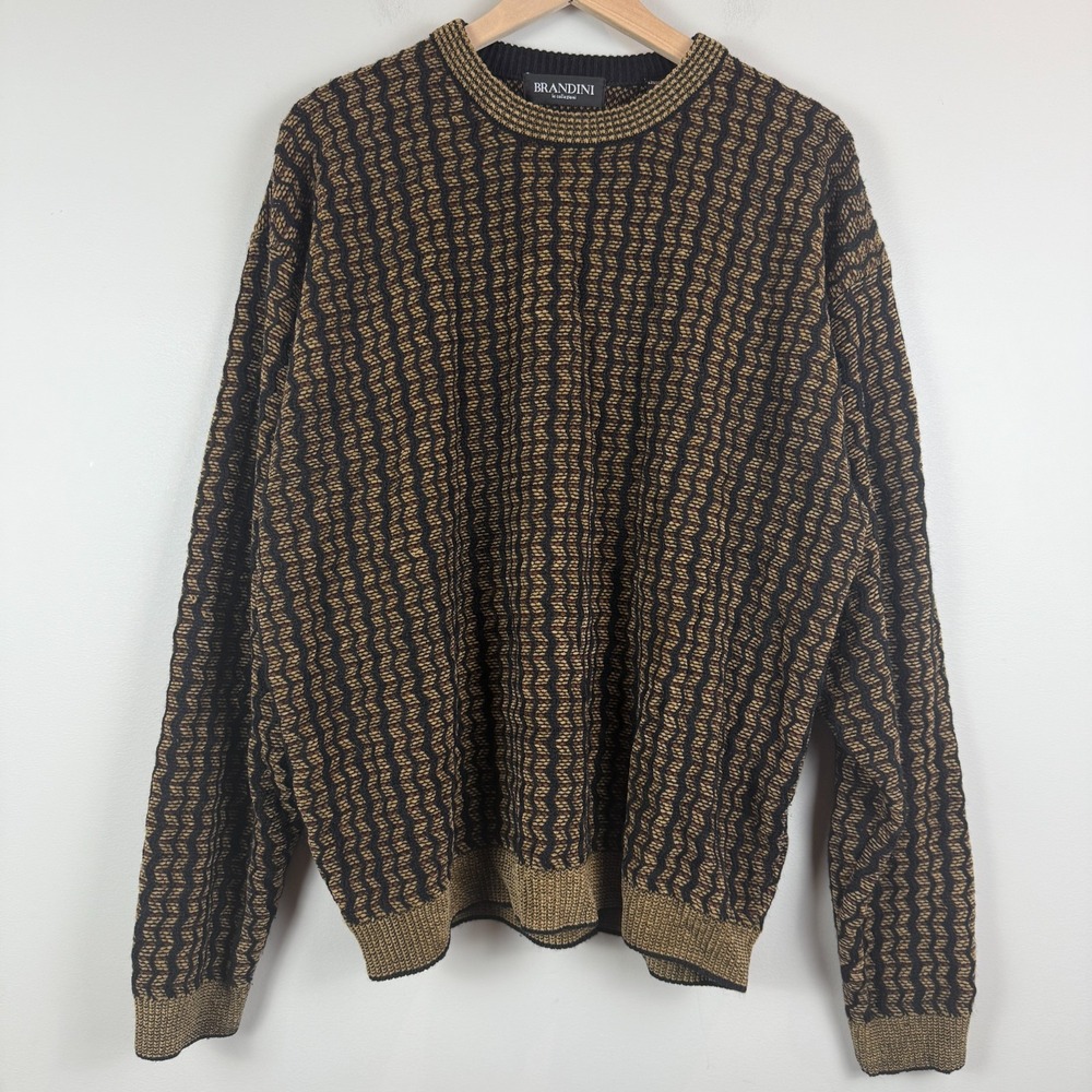 Brandini Le Collezioni Sweater Mens 2XL Black Tan Zigzag Texture Wool Grandpa‎